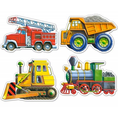 Castorland-4256 4 mini Puzzles : Véhicules chantier, pompier et locomotive