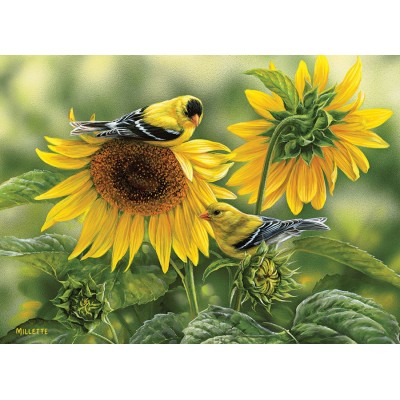 Puzzle Cobble-Hill-51818 Rosemary Millette - Sunflowers and Goldfinches