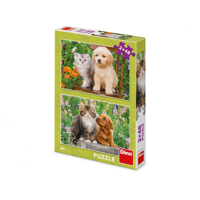  Dino-38172 2 Puzzles - Chien et Chat dans le Jardin