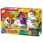 Puzzle   Color Me : Le chien couché devant sa niche + 2 dessins à colorier