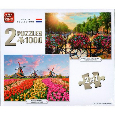 King-Puzzle-05810 2 Puzzles - Dutch Collection Sunrise Over Amsterdam & Zaanse Schans