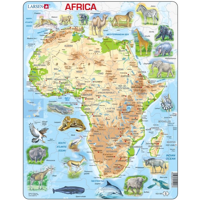 Larsen-A22-GB Puzzle Cadre - Carte de l'Afrique et ses Animaux (en Anglais)