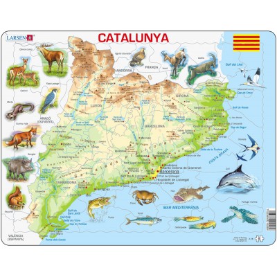 Larsen-A28 Puzzle Cadre - Carte de la Catalogne et ses Animaux (en Catalan)