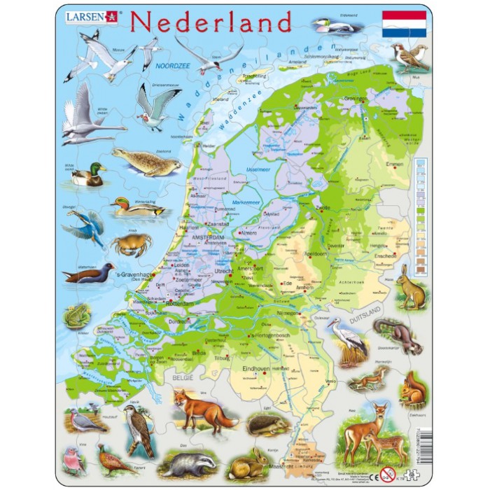 Larsen-K79-NL Puzzle Cadre - Carte des Pays-Bas et ses Animaux (en Hollandais)