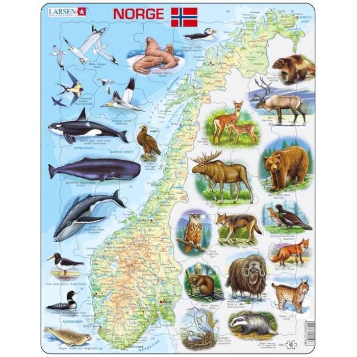   Puzzle Cadre - Carte de la Norvège avec ses Animaux (en Norvégien)