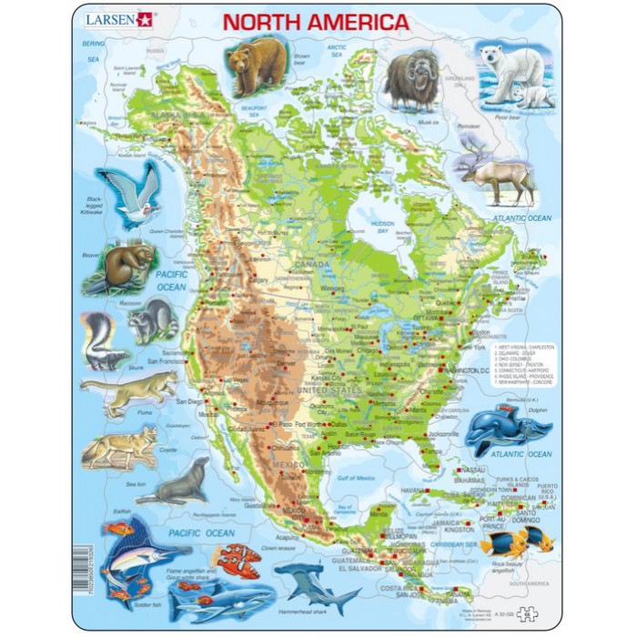   Puzzle Cadre - Carte de l'Amérique du Nord et ses Animaux (en Anglais)