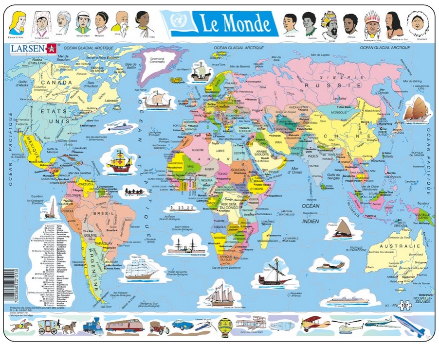 Puzzle Cadre - Carte du Monde (en Français) Larsen-K1-FR 107 pièces Puzzles  - Cartes du Monde et Mappemonde - /Planet'Puzzles