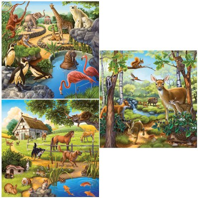 Ravensburger-09265 3 Puzzles - Animaux sauvages, domestiques et du zoo