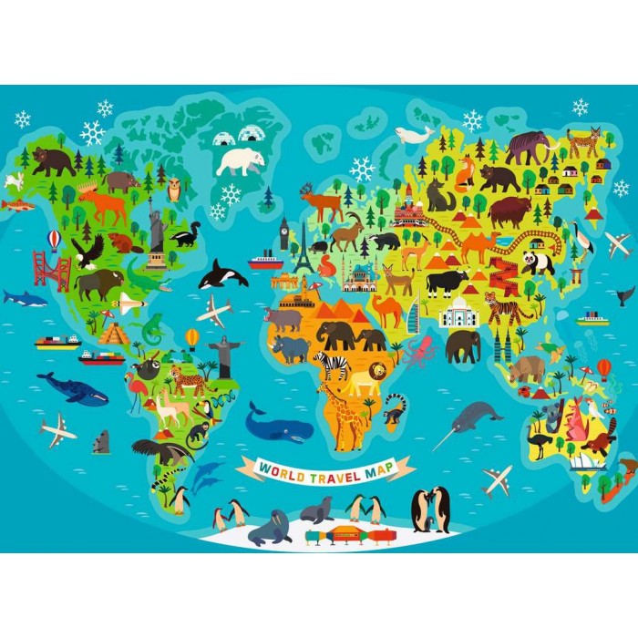 Puzzle Ravensburger-13287 Pièces XXL - La Carte du Monde des Animaux