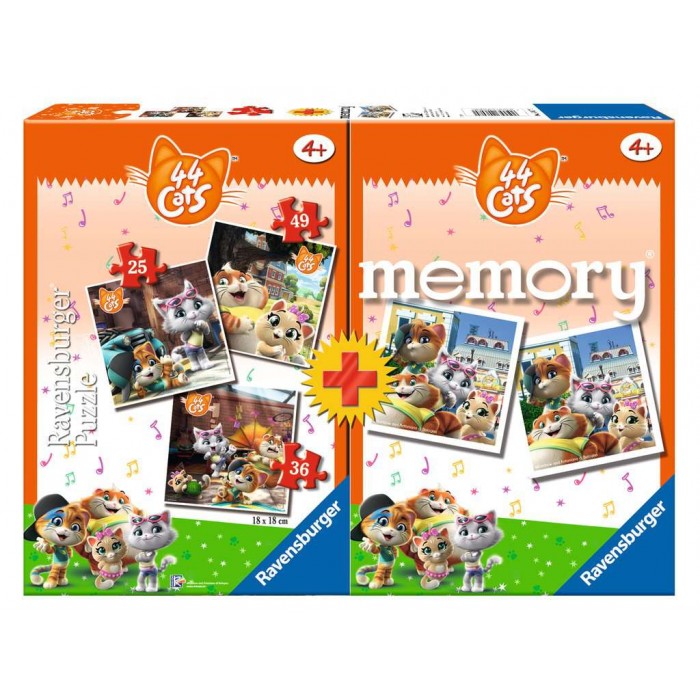 Ravensburger-20607 3 Puzzles + Memory - 44 Cats