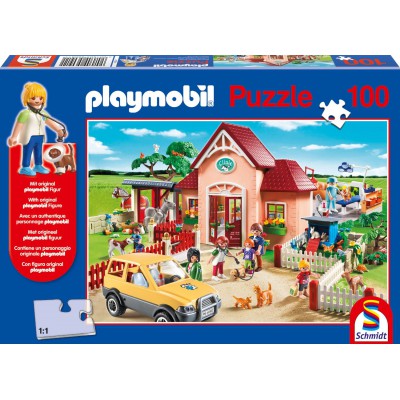 Schmidt-Spiele-56091 Playmobil : Puzzle Le Zoo et le Taxi, avec une figurine