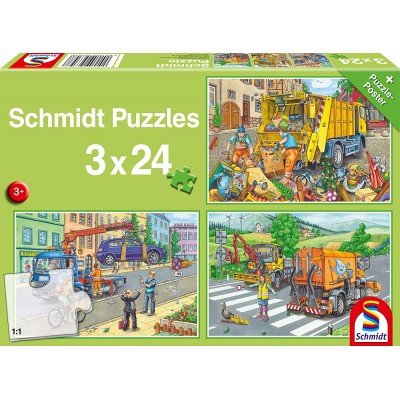 Puzzle Schmidt-Spiele-56357 Camion à ordures, Dépanneuse et Balayeuse (3x24 Pièces)