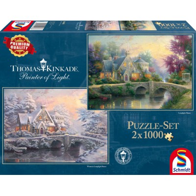 Schmidt-Spiele-59468 2 Puzzles - Thomas Kinkade: Cottage en Hiver et en Eté